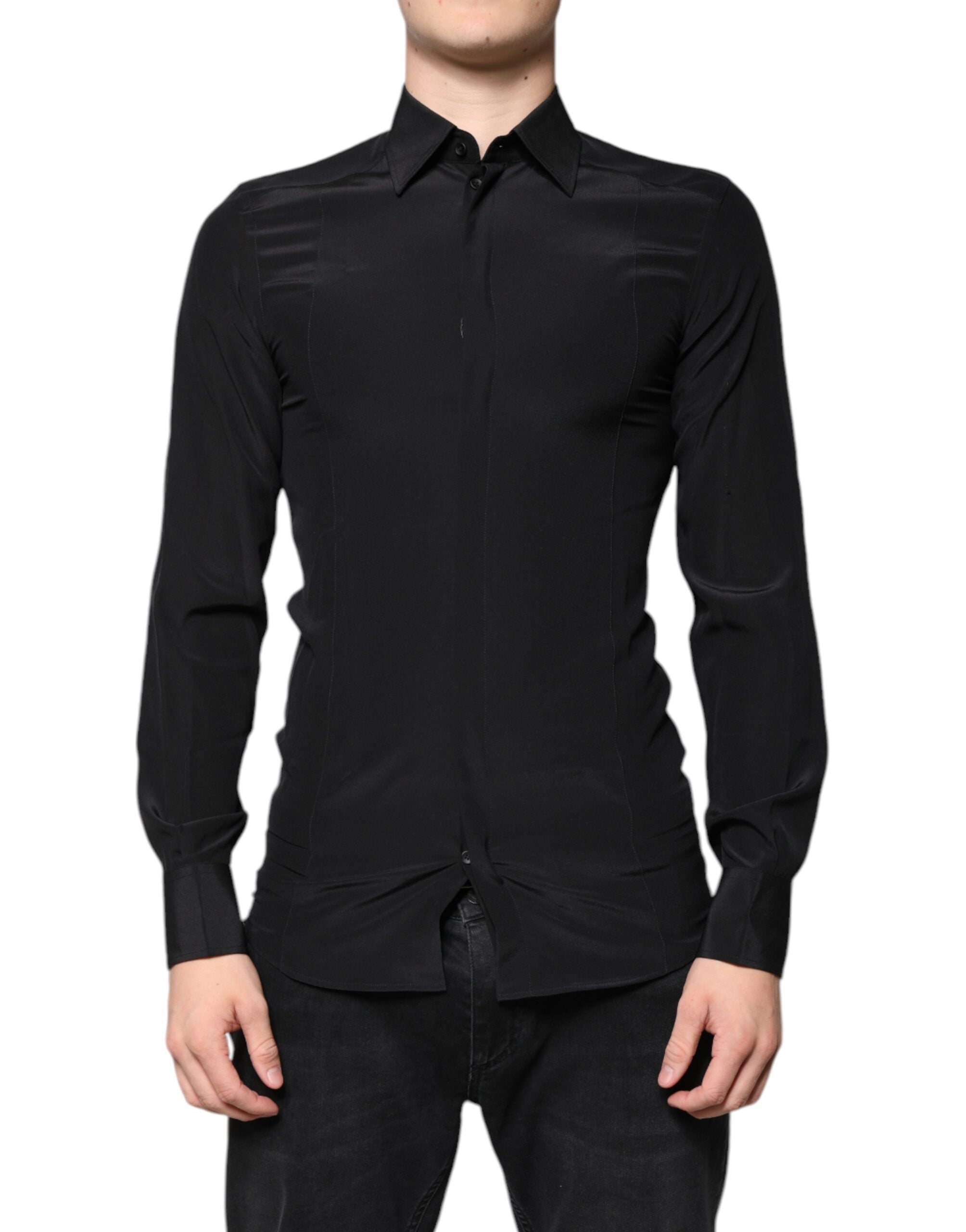 Dolce & Gabbana Black silk shirt with long sleeves GOLD